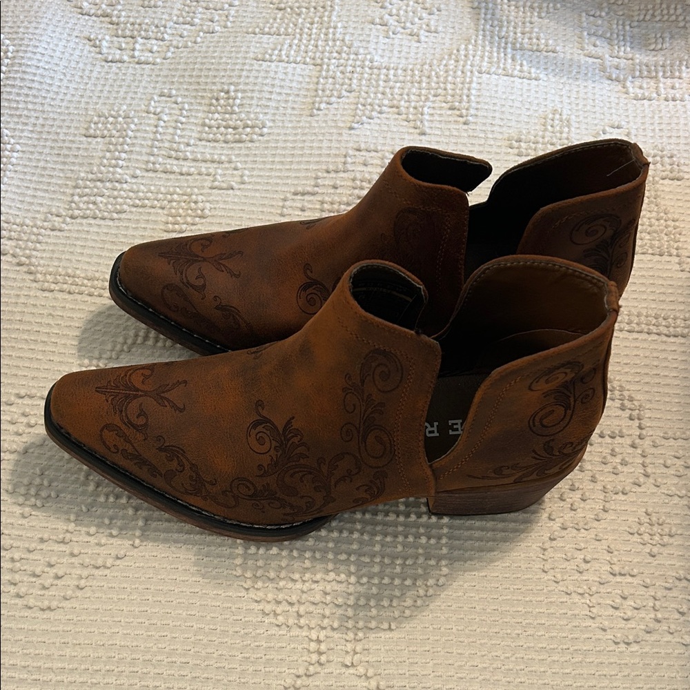 Roper Tan Embroidered Slip-On Boots - image 1